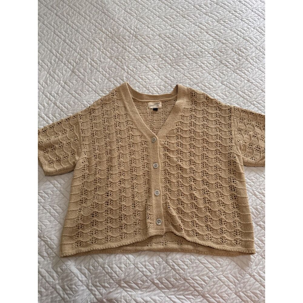 Universal Thread Short Sleeve Pointelle Cardigan Sweater XXL Tan Open Knit Boho